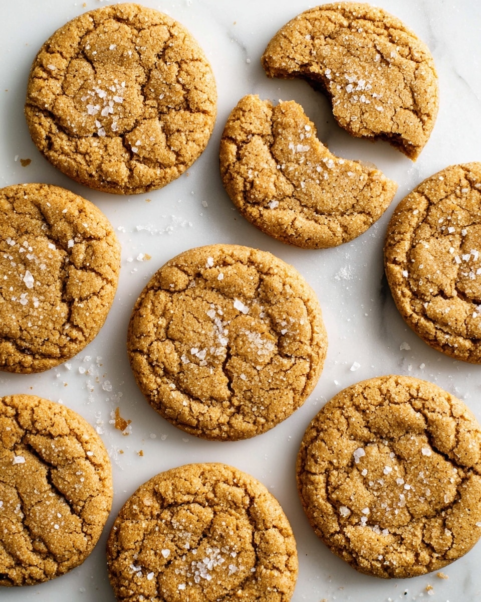 Eight round cookies are spread out on a white marbled surface. Each cookie is a warm golden brown with a slightly cracked texture and small flakes of white salt sprinkled on top. One cookie near the center has a bite taken out, showing a soft inside. The cookies are evenly spaced in a loose circular arrangement. The photo is bright and clear, showing the rough textures and the soft edges of the cookies closely. Photo taken with an iphone --ar 4:5 --v 7