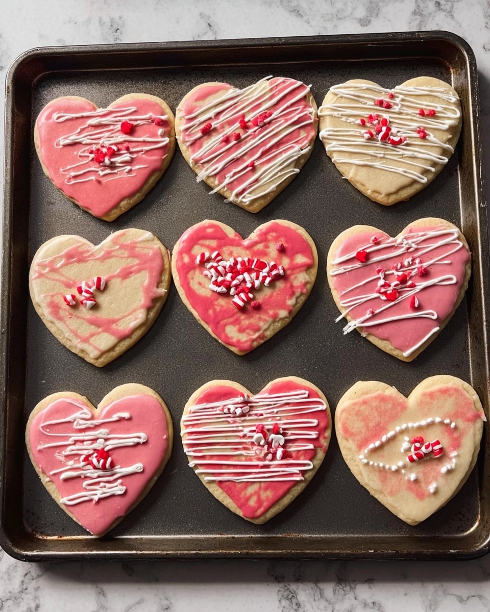 The image shows a baking tray with eight heart-shaped cookies arranged in two rows, four on top and four on bottom. The cookies are a mix of pink and light beige colors, some having marbled pink and beige patterns. Each cookie is decorated with white icing in various patterns, including zigzags, drizzles, and heart outlines, and sprinkled with red and white small candy pieces. The baking tray is dark and contrasts with the white marbled surface below it. photo taken with an iphone --ar 4:5 --v 7