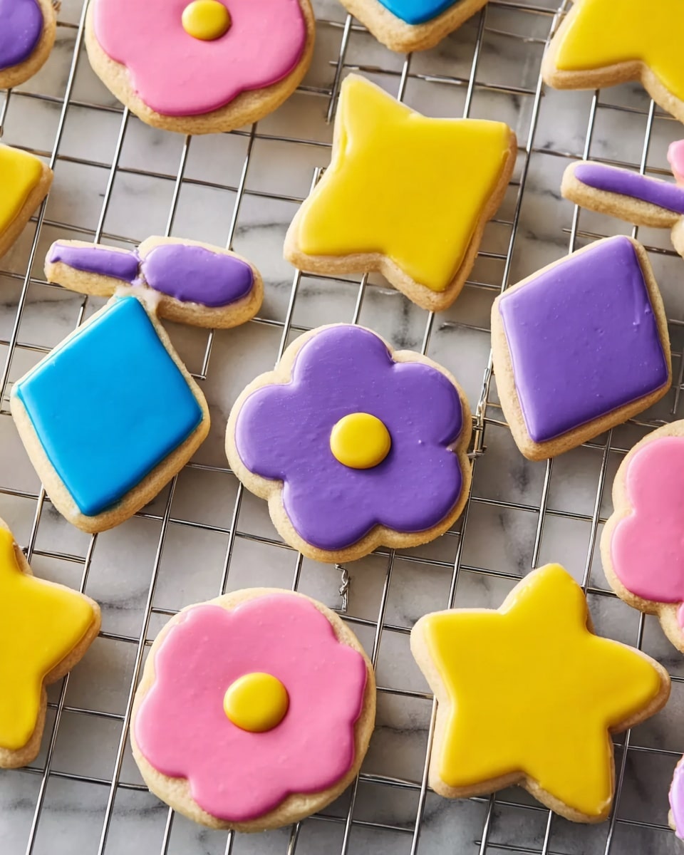 The image shows a cooling rack with various shaped cookies decorated with smooth, colorful icing. There are three layers in each cookie: the base is a light tan cookie, the middle is a thick, shiny layer of purple, pink, blue, or yellow icing covering the cookie's shape, and some pink flower-shaped cookies have an additional small round yellow icing spot in the center. The cookies include star shapes with bright yellow icing, round shapes covered in solid purple icing, diamond shapes with blue icing, and pink five-petal flower shapes with yellow centers. The whole scene is set on a white marbled surface. photo taken with an iphone --ar 4:5 --v 7