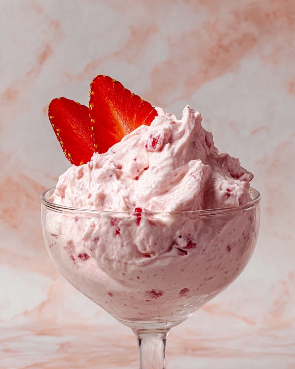 A clear glass bowl filled with a thick, creamy pink mixture with visible chunks of strawberries, giving it a textured look; the mixture is piled high, almost overflowing. On the left side of the bowl, two vibrant red strawberry slices lean against the creamy mound. Above the bowl, a silver spoon holds a generous scoop of the same pink strawberry cream. The background shows a soft pink and white marbled texture. The glass bowl sits on a slightly worn bronze or dark surface. Photo taken with an iphone --ar 4:5 --v 7