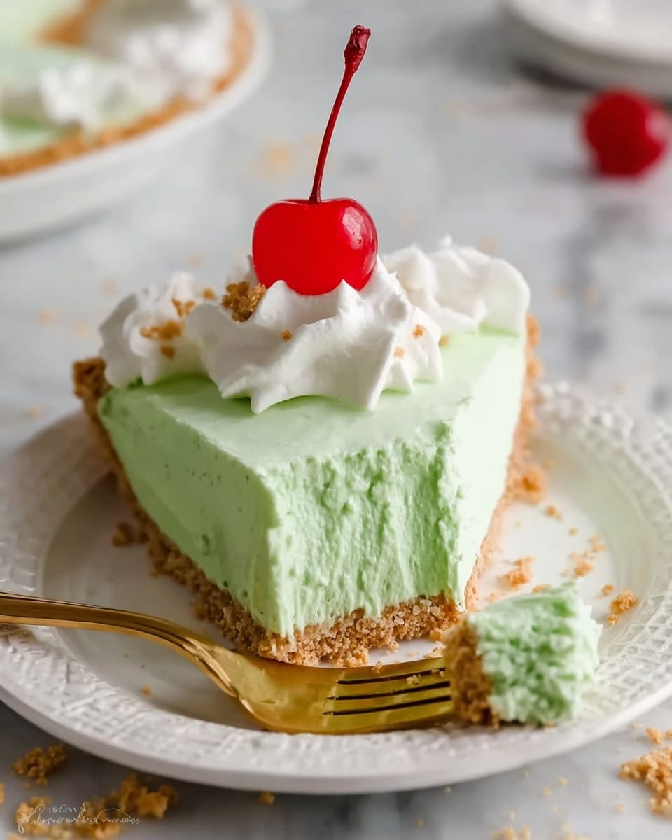 A slice of layered dessert on a white plate with three visible layers: a dark crumbly base, a bright green gelatin-like middle layer, and a thick white creamy top layer. The top is decorated with green and black sprinkles shaped like small clovers and tiny round beads. A fork is pressed into the slice from above, standing upright. In the background, another slice of the dessert on a white plate with a fork and a white baking dish filled with the same dessert covered with similar decorations are visible. The setting is on a white marbled surface. photo taken with an iphone --ar 4:5 --v 7
