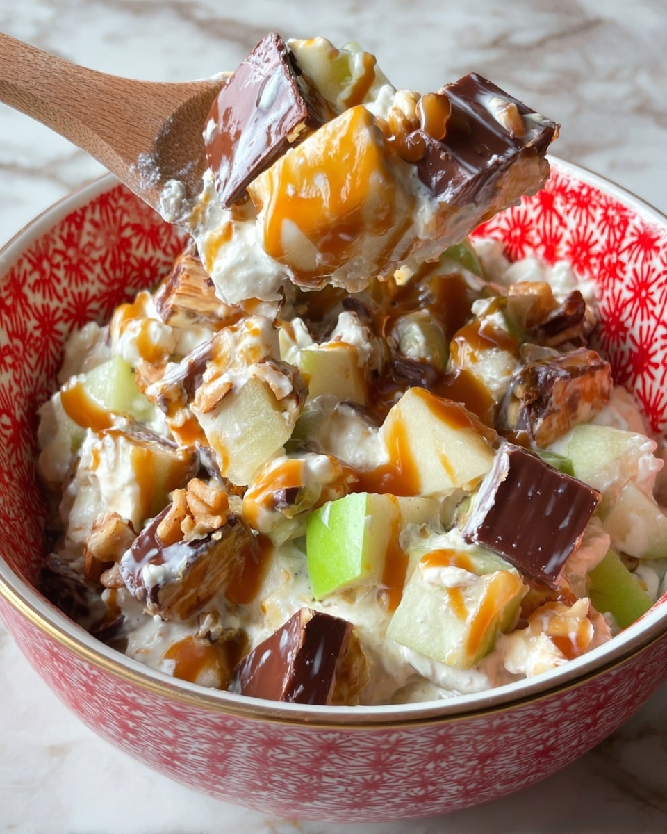 A close-up view of a white bowl with red patterns filled with a creamy, mixed dessert. The dish has visible layers of white cream mixed with chopped green apple pieces, cut into small chunks. Scattered throughout are pieces of chocolate-covered candy bars showing layers of caramel, nougat, and nuts. The top and sides are drizzled with a thick, shiny amber caramel sauce. A wooden spoon is lifting a spoonful from the bowl, showing the thick, chunky texture of the dessert. The background is a white marbled surface. Photo taken with an iphone --ar 4:5 --v 7