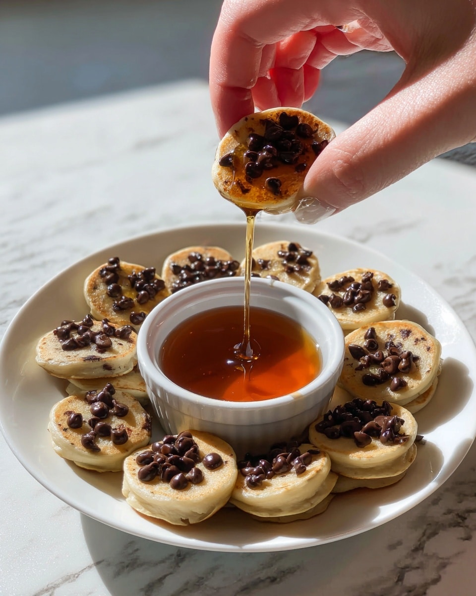 A white plate filled with two layers of small round mini pancakes, each topped with dark chocolate chips that are slightly melted. In the front center of the plate sits a white bowl filled with amber-colored syrup. A woman's hand is holding one mini pancake above the bowl, with syrup dripping slowly from the pancake into the bowl. The background is a white marbled surface and the lighting is bright and natural. photo taken with an iphone --ar 4:5 --v 7