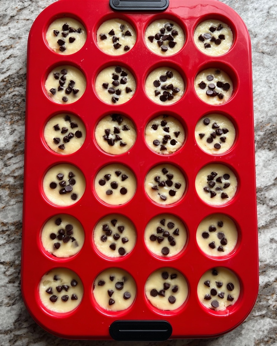 A red silicone muffin tray filled with 24 round cavities, each filled with light yellow cake batter topped with scattered small dark chocolate chips. The batter layers are smooth and evenly spread, filling most of each cavity, with the chocolate chips sitting loosely on top, creating a contrast between the creamy batter and the dark chocolate. The tray is placed on a white marbled surface with a black handle visible at the top and bottom edges of the tray. photo taken with an iphone --ar 4:5 --v 7