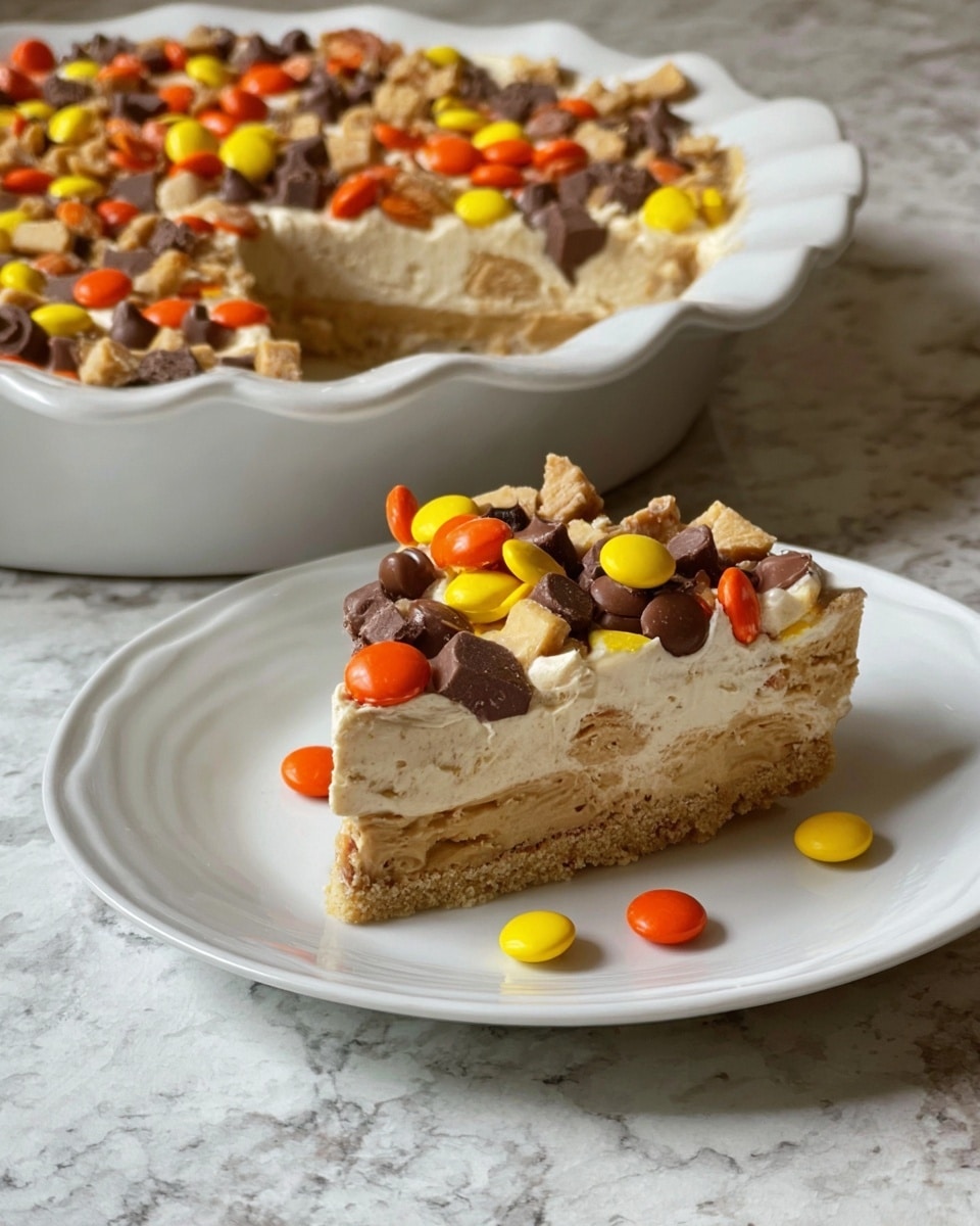A slice of layered dessert on a white plate shows three main layers: a light brown crust at the bottom, a thick creamy tan middle layer, and a top layer decorated with bright orange, yellow, and brown candy pieces and chopped chocolate candy clusters spread evenly. In the background, there is a white ceramic dish holding the rest of the dessert with a scalloped edge, the same layers visible inside, and the same colorful candies on the surface. The scene is set on a white marbled texture surface. photo taken with an iphone --ar 4:5 --v 7