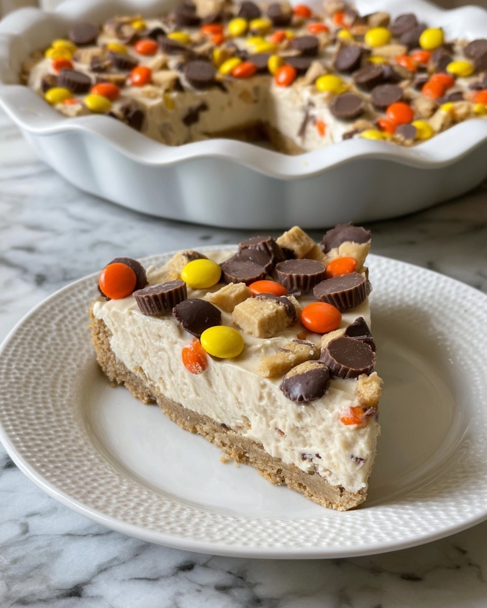 A slice of dessert with three layers sits on a white plate with a textured rim. The bottom layer is light brown and looks like a cookie or crust base. The middle layer is thick, creamy, and light beige in color. The top layer is decorated with colorful candies, including bright orange, yellow, and dark brown round pieces, as well as pieces of chocolate candy cups scattered on a creamy surface. In the background, the remaining dessert with the same three layers is in a white scalloped dish, with some pieces missing. The surface beneath everything is a white marbled texture. photo taken with an iphone --ar 4:5 --v 7