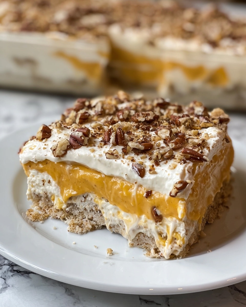 A close-up of a square slice of a layered dessert on a white plate, showing three main layers: the bottom layer is a crumbly, light beige crust with small nut pieces, the middle layer is a thick, creamy orange filling with a smooth texture, and the top layer is a thick white cream covering the filling, sprinkled generously with chopped pecans, adding a crunchy texture. The edges of the orange filling are slightly soft and spilling over the crust, and the background features the rest of the dessert in a baking dish on a white marbled surface. Photo taken with an iphone --ar 4:5 --v 7