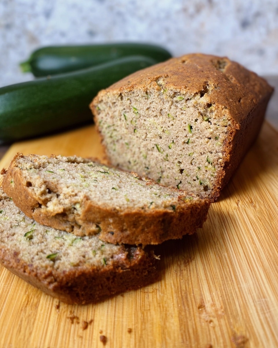 The image shows a loaf of zucchini bread placed on a wooden surface with two slices cut in front of it. The loaf is golden brown on the outside with a slightly rough texture, while the inside is light brown with small green bits of zucchini spread evenly throughout. The sliced pieces reveal a soft, moist, and dense crumb with a consistent texture and tiny air holes. In the background, there are two whole zucchinis resting on the wooden surface. The scene is on a white marbled textured surface. photo taken with an iphone --ar 4:5 --v 7