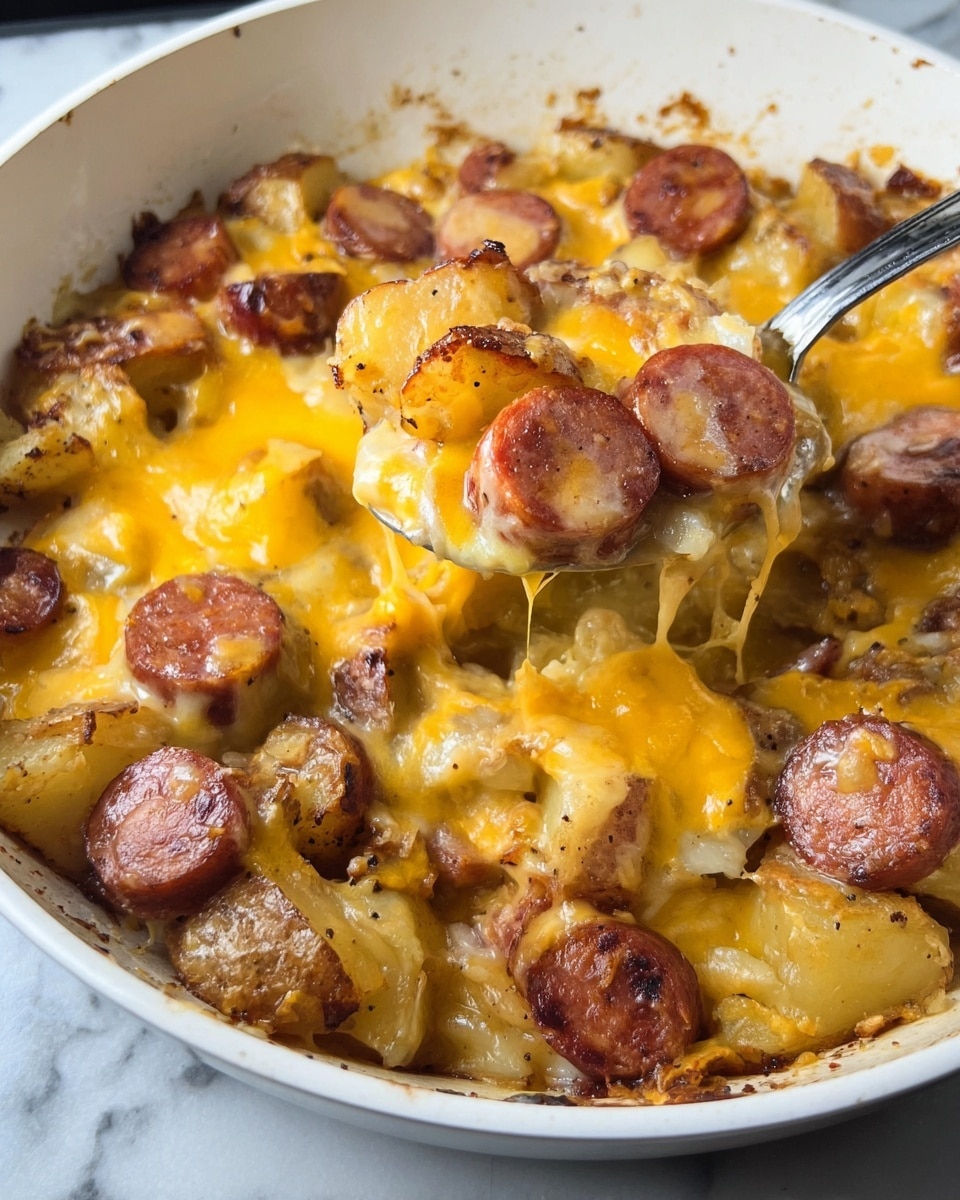 A close-up of a white pan filled with cooked sausage slices, golden-brown potato pieces, and melted bright yellow cheese. A metal spoon holds a scoop showing round sausage slices on top, soft potatoes underneath, all covered with gooey melted cheese that stretches slightly. The food looks warm and cooked with some browning on the potatoes and sausage edges. The background is a white marbled surface. Photo taken with an iphone --ar 4:5 --v 7