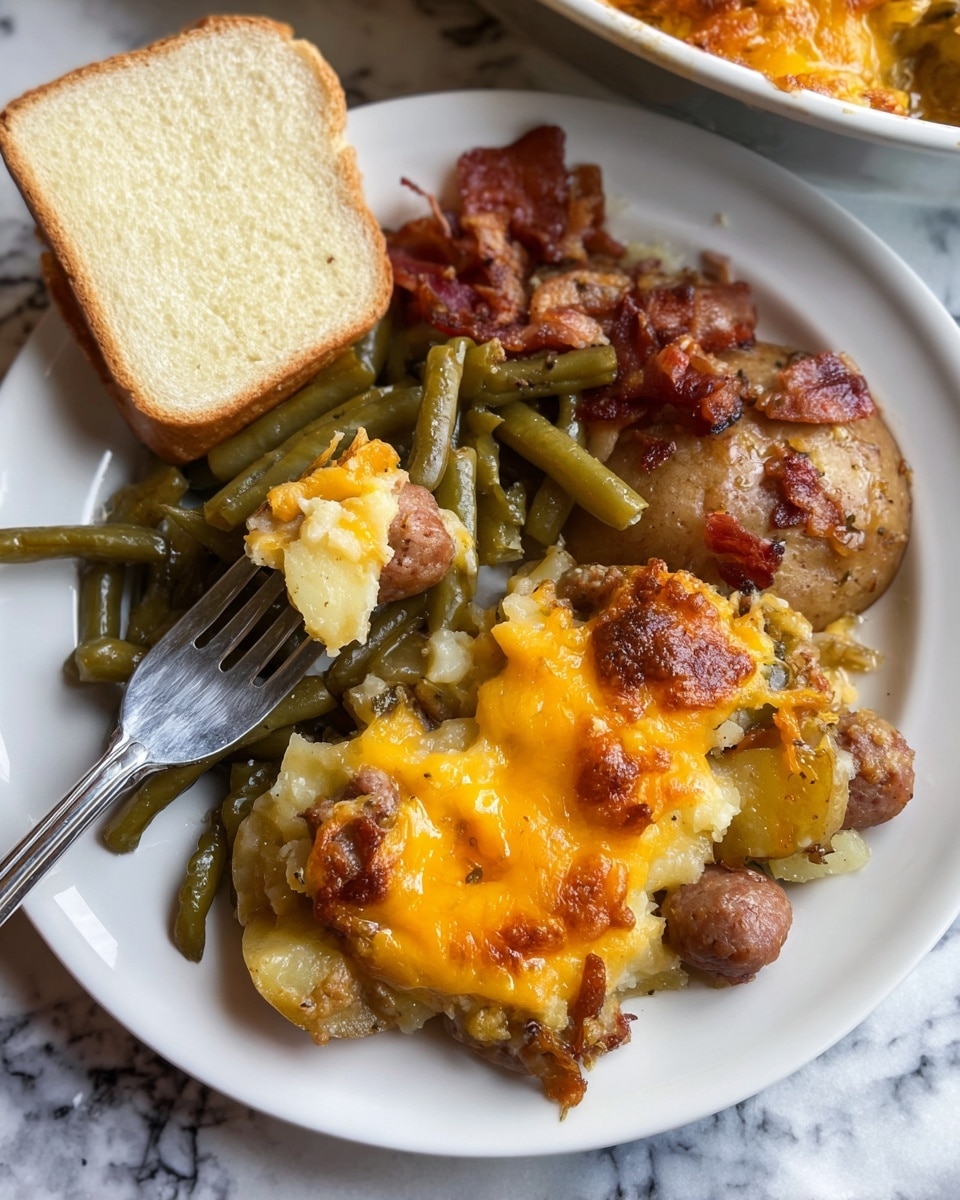 The image shows a white plate with three main parts: green beans mixed with small pieces of bacon placed at the back of the plate, a cheesy potato casserole with sausages in the front right that has a golden-brown melted cheese layer on top with a soft, mixed texture beneath, and a slice of white bread with butter spread on the left side. A silver fork holds up a bite showing a round piece of potato covered in bright melted cheddar cheese with browned spots, along with slices of browned sausage and bits of bacon, emphasizing the textures and colors of the casserole. The whole setting is on a white marbled surface. Photo taken with an iphone --ar 4:5 --v 7