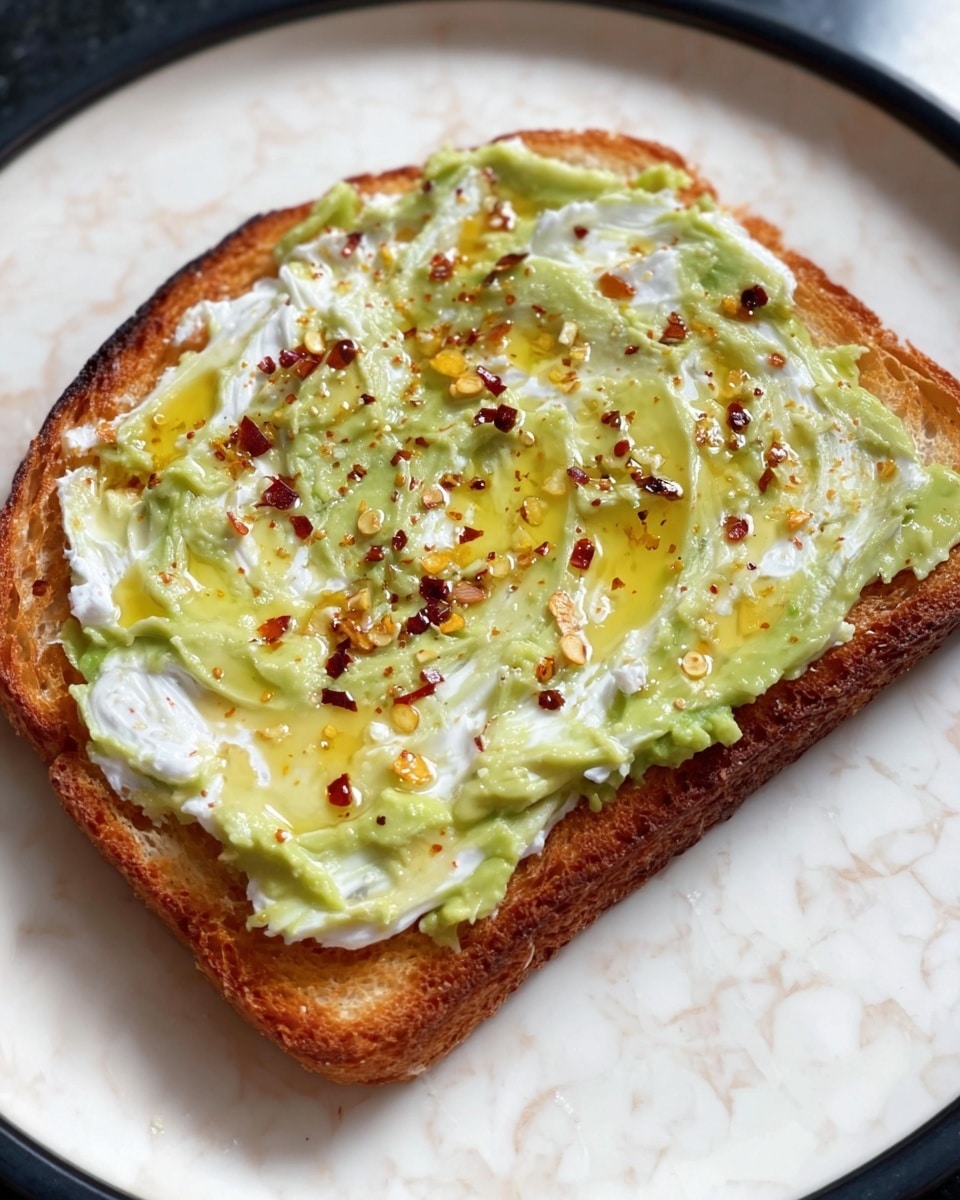 A close-up view of a slice of toasted bread with three visible layers: the bottom golden-brown crisp toast, a thick layer of white creamy spread evenly covering the toast, and a top layer of mashed pale green avocado spread with a textured, slightly chunky look. The toast sits on a white plate with a shiny finish. A woman's hand with pink nail polish holds the edge of the plate, while a silver fork is seen spreading the avocado on the toast. The surface under the plate is a white marbled texture. Photo taken with an iphone --ar 4:5 --v 7