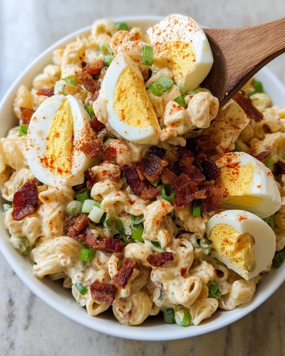 The dish shows a white bowl filled with creamy pasta salad. The pasta is light beige, covered in a thick white sauce. Large slices of boiled egg with bright yellow yolks and white edges sit on top, sprinkled with red paprika powder. Small green onion pieces are spread evenly throughout the salad, along with crispy brown bacon bits. A wooden spoon scoops up a portion that includes pasta, egg, bacon, and onions, with a white marbled surface under the bowl. photo taken with an iphone --ar 4:5 --v 7