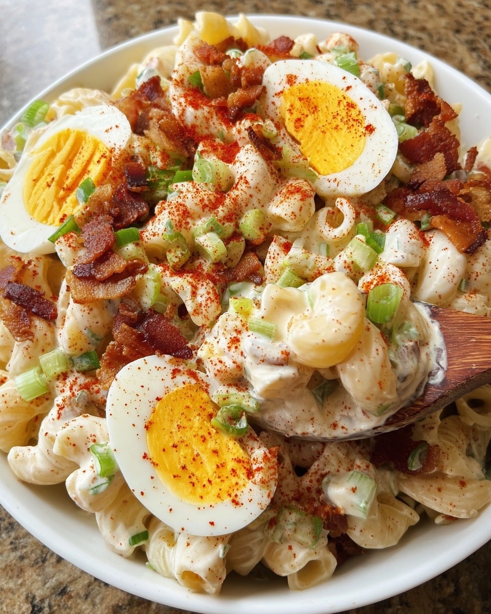 A white bowl is filled with macaroni salad layered with creamy pale yellow macaroni pieces mixed with small green onion slices and crispy dark reddish-brown bacon bits. On top, there are several halved hard boiled eggs showing bright yellow yolks sprinkled with red paprika. A wooden spoon lifts a portion of the salad, clearly showing the mix of macaroni, bacon pieces, green onions, and a halved egg. The bowl is placed on a white marbled surface. Photo taken with an iphone --ar 4:5 --v 7