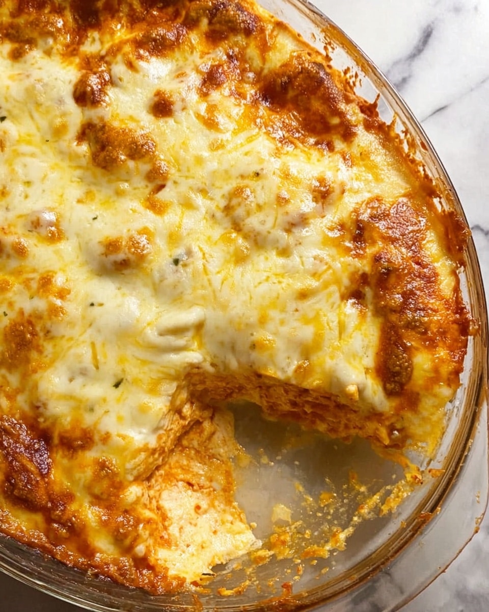 A glass dish filled with a layered baked dish that has a top layer of melted cheese in light yellow and white colors, slightly browned and bubbling. The cheese layer covers a thick, saucy layer beneath, showing hints of red tomato sauce and melted cheese mixed throughout. One piece is partly removed, showing two main layers: the top melted cheese and a dense, saucy layer below. The dish sits on a white marbled surface. Photo taken with an iphone --ar 4:5 --v 7