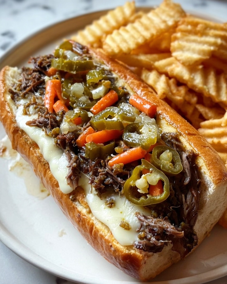 A toasted sandwich bun holds several layers starting with shredded tender beef piled high at the bottom, topped with a colorful mix of diced orange carrots, translucent onions, and sliced green jalapeño peppers scattered all over, some pieces glisten with sauce. The bun is golden brown on the edges and toasted inside. The sandwich is held by two woman’s hands with dark red nails and a silver ring, resting above a white plate filled with golden crinkle-cut fries on a white marbled surface. Photo taken with an iphone --ar 4:5 --v 7