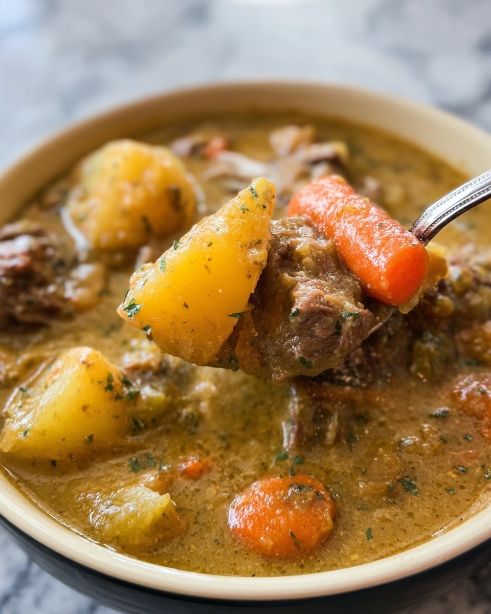 A close-up of a white bowl filled with thick stew showing large chunks of golden yellow potato, vibrant orange carrot slices, and tender brown meat pieces in a rich, creamy beige broth, all speckled with small green herb flakes. A spoon holds a mix of potato, carrot, and meat above the bowl, highlighting the stew’s hearty, chunky texture. The bowl sits on a white marbled surface. photo taken with an iphone --ar 4:5 --v 7