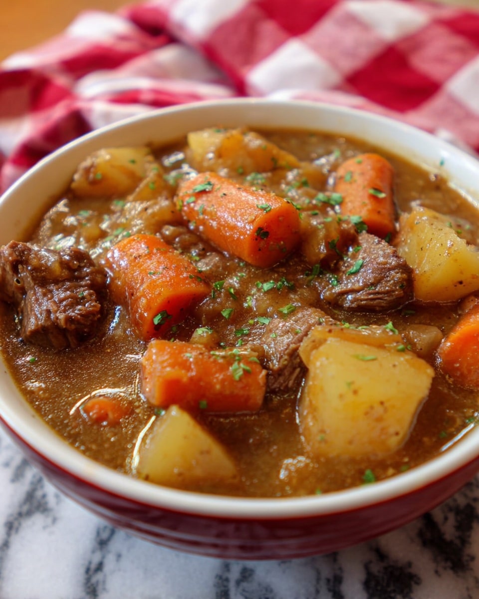 A close-up view of a white bowl full of thick stew with a mix of large, chunky pieces of orange carrots, light yellow potatoes, and tender brown meat, all covered in a glossy, brownish broth, sprinkled with small bits of green herbs on top, resting on a white marbled surface with a red and white checkered cloth beside it, photo taken with an iphone --ar 4:5 --v 7