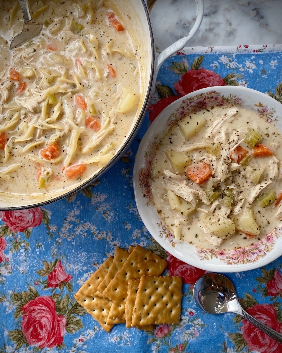 A white bowl with floral patterns is filled with creamy white chicken noodle soup that has visible pieces of chicken, white noodles, small chunks of celery, and an orange carrot slice, all covered in a thick, smooth white sauce speckled with herbs and black pepper. Three rectangular saltine crackers stand upright inside the bowl's edge, while many more saltine crackers lie scattered around the bowl on a blue floral cloth, all placed on a white marbled surface. A spoon with a wooden handle rests inside the bowl. photo taken with an iphone --ar 4:5 --v 7