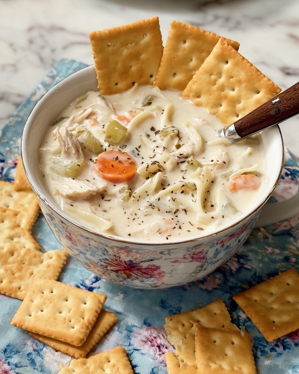 A close-up view of a creamy chicken and noodle stew with visible chunks of orange carrots, light brown chicken strips, and small pieces of potato and celery in a thick white sauce. The stew sits in a gray pan on a white marbled surface with a small white bowl filled with the same stew next to it. Around the bowl, there are several light tan square crackers arranged neatly. The background is a blue floral cloth with pink and red flowers, and a woman's hand holds a spoon next to the bowl. Photo taken with an iphone --ar 4:5 --v 7