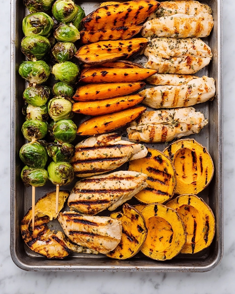 The image shows a metal tray full of grilled food placed on a white marbled surface. On the left, there are four skewers stacked vertically, each with bright green grilled Brussels sprouts, some parts slightly charred. Next to the skewers, there are two rows of grilled sweet potato wedges, orange with dark grill marks, stacked neatly in layers. To the right of the sweet potatoes, there are four grilled chicken pieces, light brown with visible herbs and strong grill lines, arranged in two columns. On the far right, there are several grilled round slices of orange vegetable, likely pumpkin or squash, with dark grill marks and some stacked in a ring shape. photo taken with an iphone --ar 4:5 --v 7