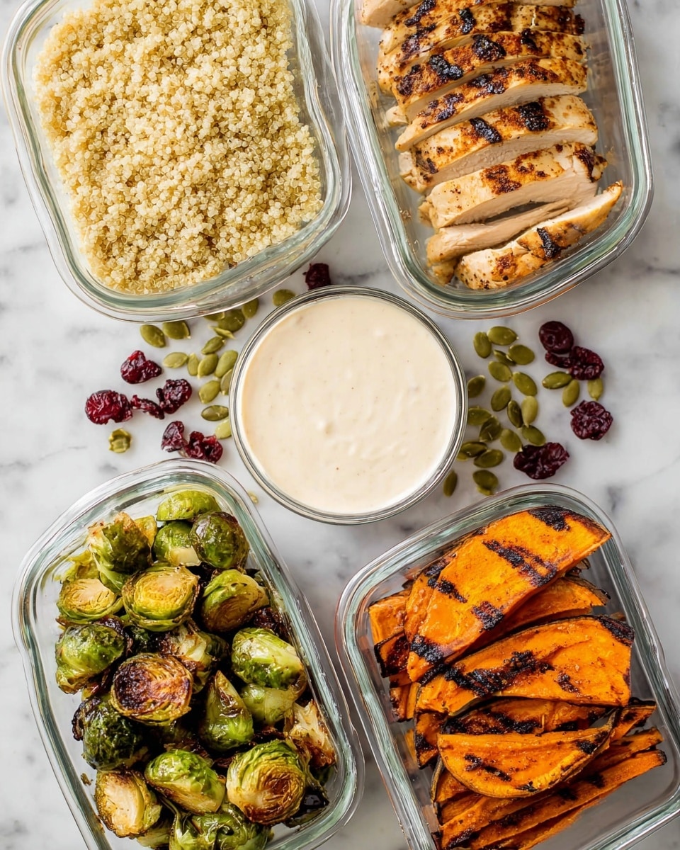 The image shows five clear glass containers arranged on a white marbled surface. The top left container holds light beige cooked quinoa, fluffy in texture. The top right container contains grilled chicken pieces with a golden brown color and light char marks, sliced and layered side by side. In the center is a small container filled with creamy white sauce, smooth and thick. The bottom left container has roasted Brussels sprouts, green with some light brown charred spots and a slightly crispy texture. The bottom right container is filled with roasted orange sweet potato wedges with dark grill marks, stacked loosely. Scattered around the containers are small green pumpkin seeds and dark red dried cranberries. Photo taken with an iphone --ar 4:5 --v 7
