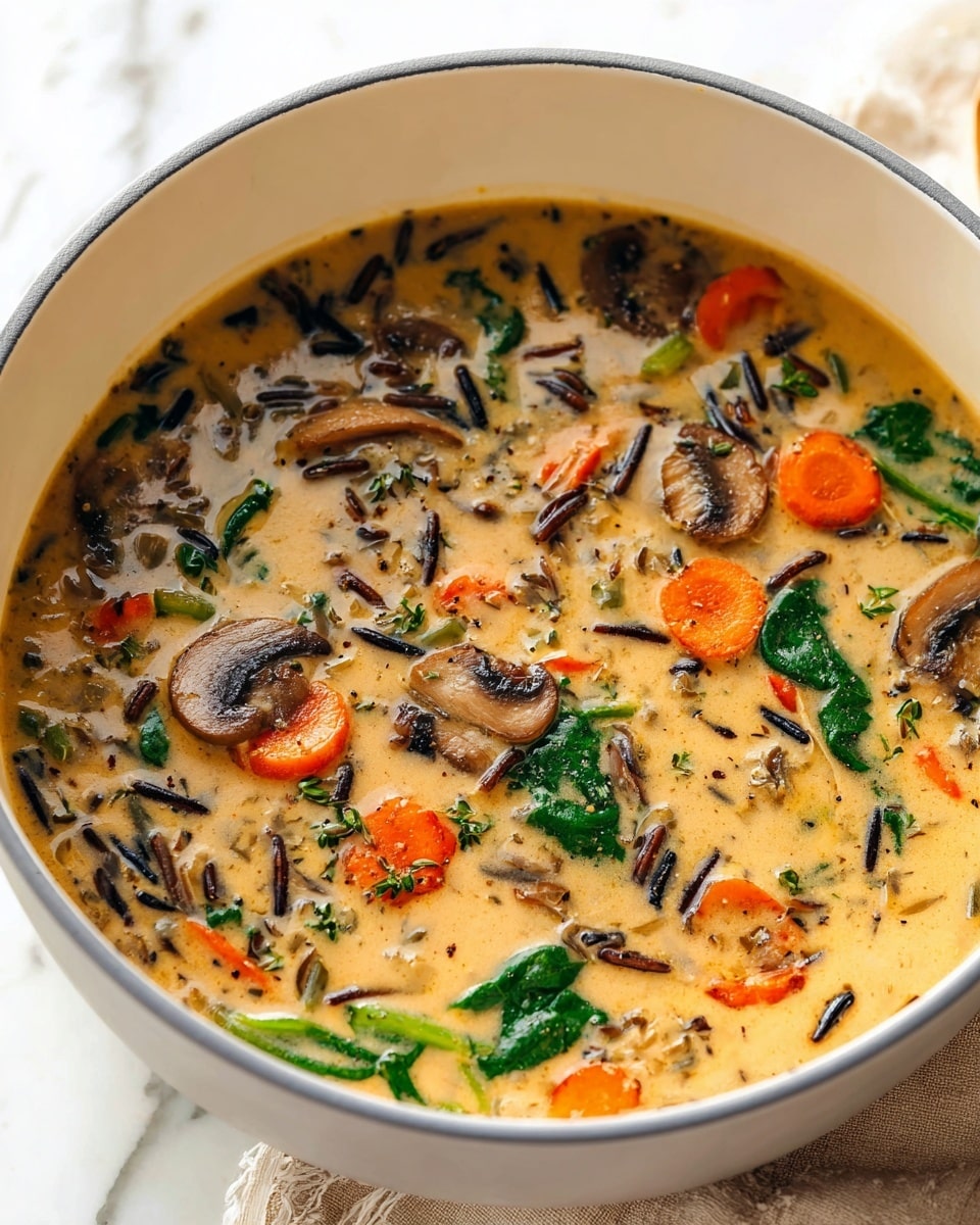 The image shows a thick creamy soup in a white bowl with a grey rim, resting on a white marbled surface with a beige cloth underneath. The soup has visible layers of ingredients: bright orange carrot slices, soft brown mushroom slices, small pieces of green leafy spinach, light yellow celery bits, and scattered black wild rice grains all mixed in a smooth, light brown creamy broth with black pepper specks. The soup looks warm and hearty with a rich texture. Photo taken with an iphone --ar 4:5 --v 7