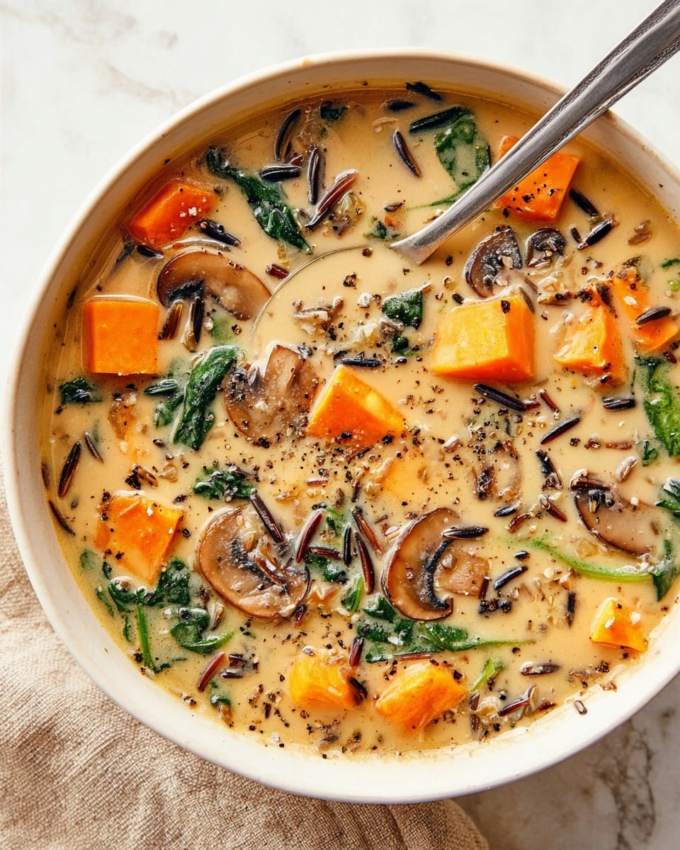 A close-up view of a white bowl filled with creamy soup featuring bright orange chunks of sweet potato, thinly sliced brown mushrooms, dark green pieces of spinach, and scattered wild rice grains. The soup has a smooth, light beige broth with visible black pepper specks sprinkled on top. A shiny metal spoon is partly dipped into the soup, resting inside the bowl. The bowl is placed on a beige cloth on a white marbled surface. The colors are warm and inviting, with the contrasting textures of soft vegetables and whole grains visible. photo taken with an iphone --ar 4:5 --v 7