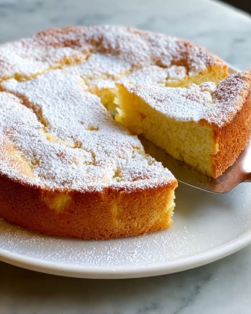 A golden-brown baked cake in a round dark gray pan, showing a slightly uneven, cracked top with some lighter creamy spots peeking through. The cake surface looks fluffy but crisp, with a few fine sugar grains sprinkled on top. The pan rests on a white marbled surface, enhancing the warm tones of the cake photo taken with an iphone --ar 4:5 --v 7
