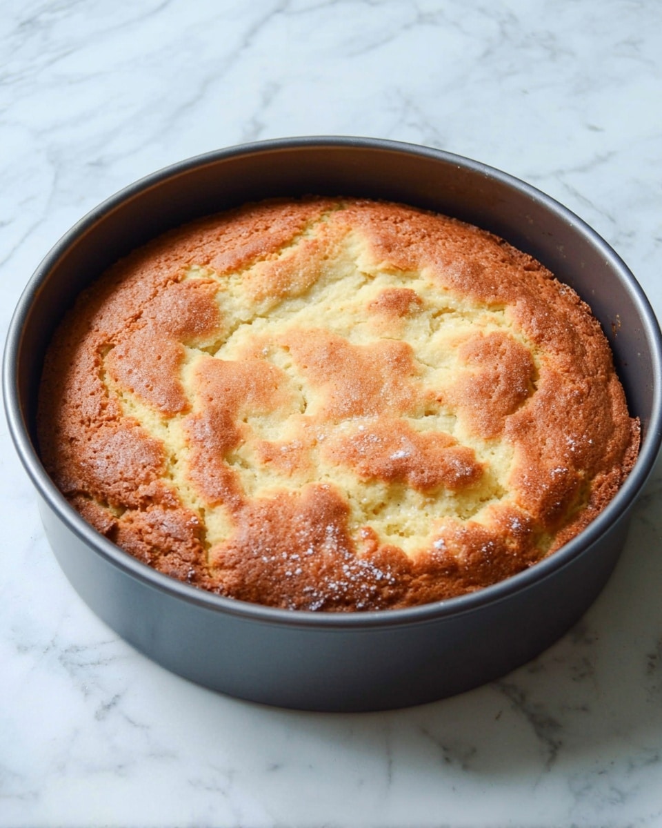 A thick round cake with a golden brown crust, dusted lightly with white powdered sugar on top. One slice is lifted slightly by a silver cake server, revealing a soft, moist, pale yellow inside with a dense texture. The cake sits on a white plate placed on a white marbled surface. photo taken with an iphone --ar 4:5 --v 7
