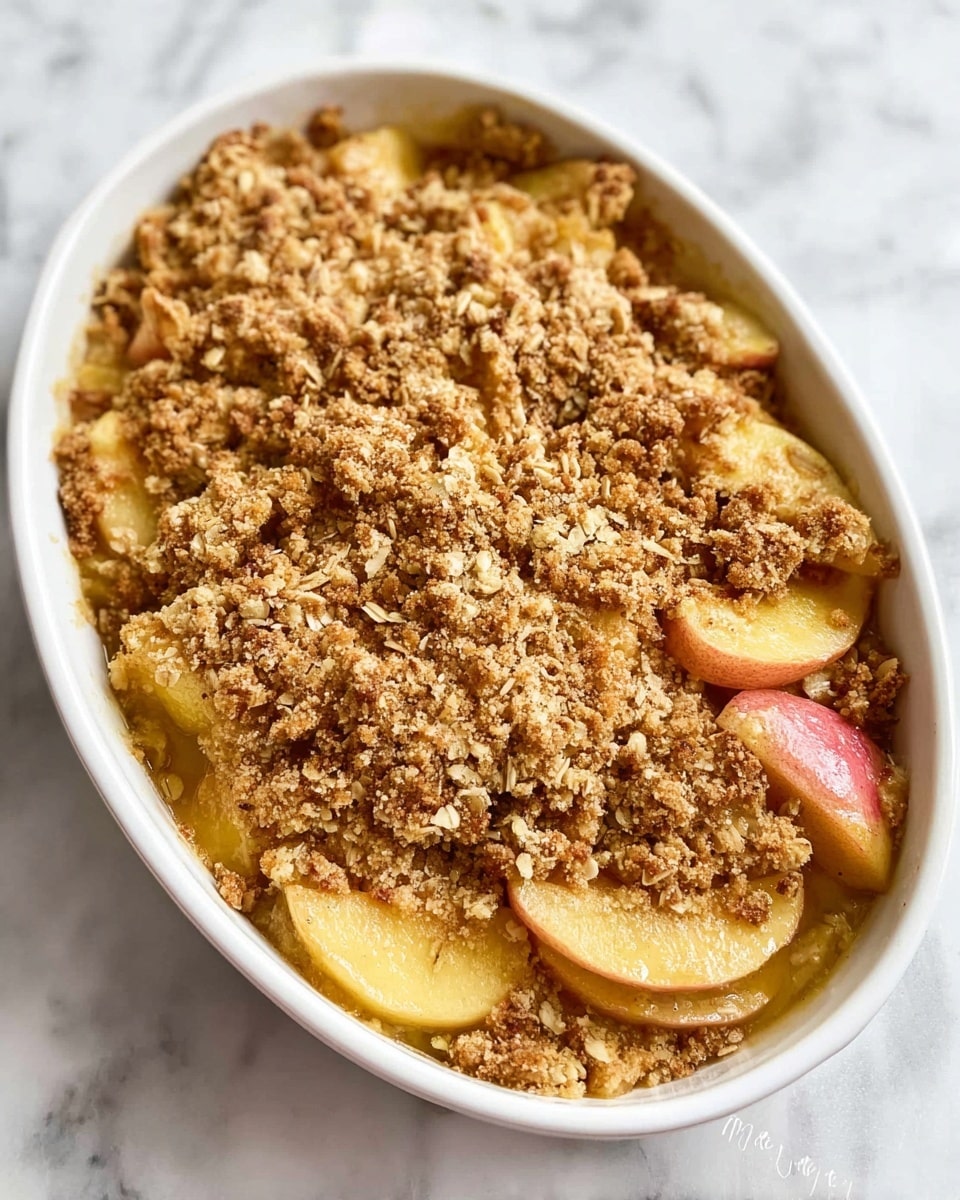 A close-up shows a white oval dish filled with a warm apple crumble. The bottom layer is soft, cooked apple slices in a shiny, thick brown sauce. On top is a crumbly, textured layer of golden brown oat and nut streusel. A silver spoon is digging into the crumble on the right side. The dish sits on a white marbled surface. photo taken with an iphone --ar 4:5 --v 7