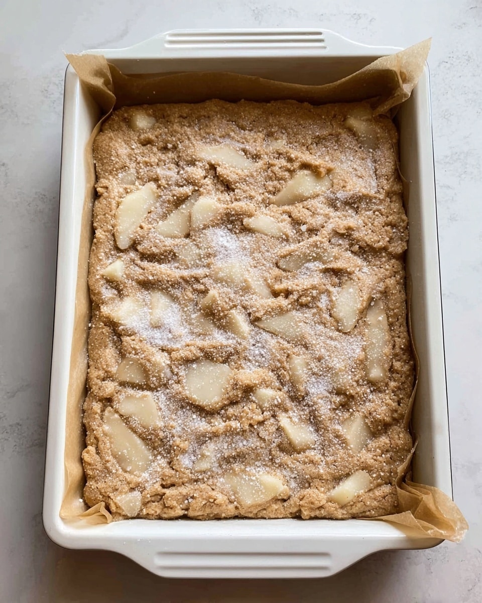 A square white baking dish lined with parchment paper holds a freshly baked brown cake with a rough, cracked top layer, showing a slightly crispy texture. The cake has been cut into six uneven pieces, with one piece removed, revealing a soft, light brown inside with small chunks of a pale green fruit or vegetable. The edges of the cake are darker and more textured than the center. The baking dish has black handles on both sides and sits on a white marbled surface with some crumbs scattered around. Photo taken with an iphone --ar 4:5 --v 7
