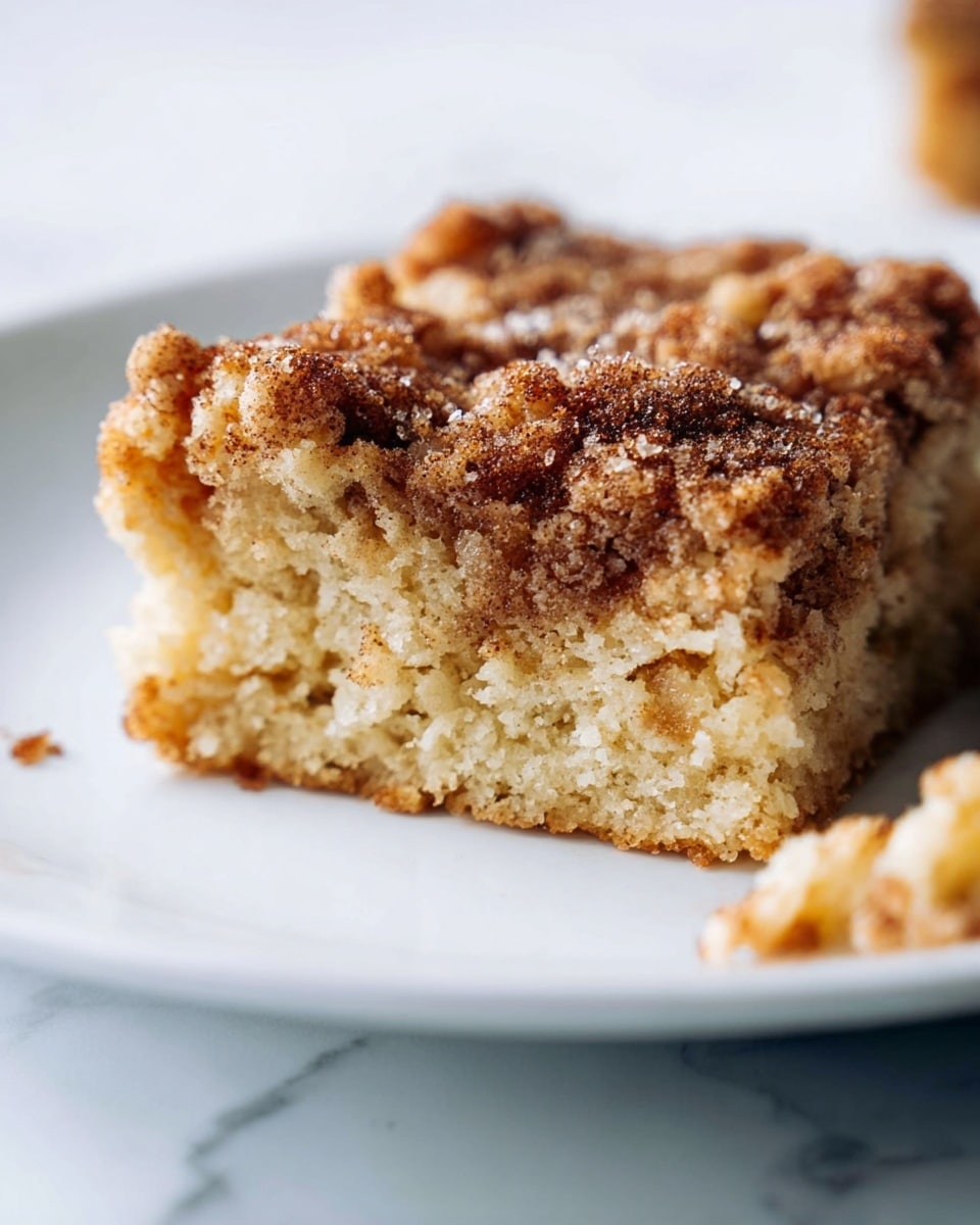 The image shows a close-up of a single square piece of crumb cake on a white plate with a white marbled surface in the background. The cake has two main layers: the bottom layer is light golden brown with a soft, crumbly texture, and the top layer is a darker golden-brown crumb topping with a rough, crunchy texture sprinkled with cinnamon and sugar crystals. The crumb cake looks moist inside with small air pockets visible, and a small piece of cake is slightly blurred in the background. Photo taken with an iphone --ar 4:5 --v 7
