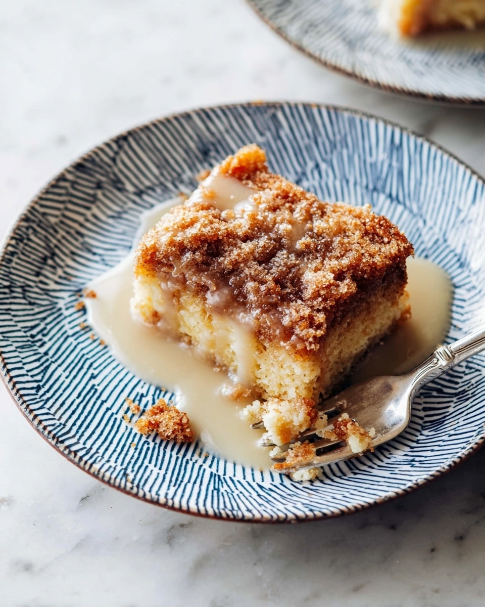 A piece of crumbly cake sits in the center of a white plate with a blue zigzag pattern, showing two main layers: a moist golden brown bottom and a darker brown crumbly top sprinkled with sugar. A runny, light beige sauce gently coats the top part of the cake, adding a glossy look. In the lower part of the plate, a silver fork holds a small piece of cake with crumbs scattered lightly around. The plate is set on a white marbled surface. Photo taken with an iphone --ar 4:5 --v 7