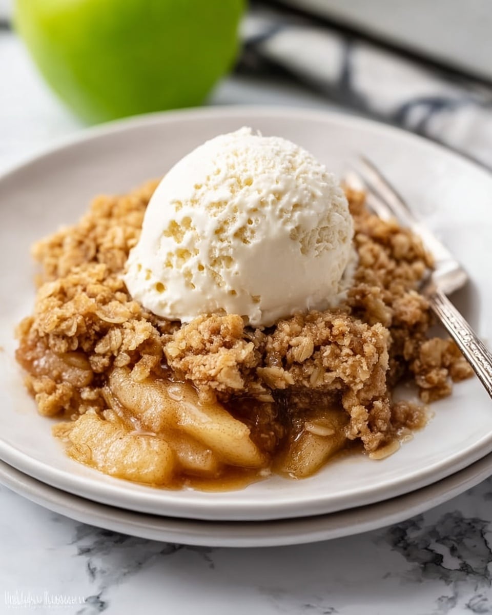 A white plate with a warm apple crumble dessert is shown, featuring a base layer of soft, golden brown cooked apple slices covered by a crumbly, light brown oat and sugar topping. On top of the crumble, there is a melting scoop of white vanilla ice cream with a creamy texture, slightly dripping over the edges onto the apples below. A shiny silver fork rests at the edge of the plate, and the plate is set on a white marbled surface with a blurred green apple in the background. Photo taken with an iphone --ar 4:5 --v 7