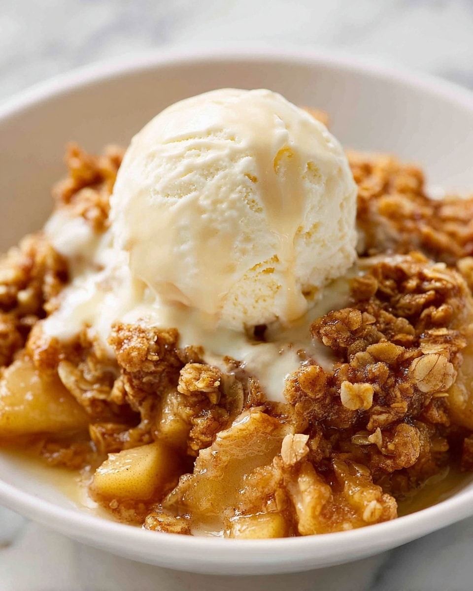 The image shows an oval white baking dish filled with a fruit crumble dessert that has a golden-brown oat and nut topping with a rough, chunky texture. About two scoops of white vanilla ice cream sit melted on top of the crumble, creating a creamy contrast. A spoon is lifting some of the soft, warm fruit filling, showing a light golden, translucent, and juicy texture beneath the crunchy topping. The dish rests on a white marbled surface, and part of a woman's hand is visible holding the spoon. photo taken with an iphone --ar 4:5 --v 7