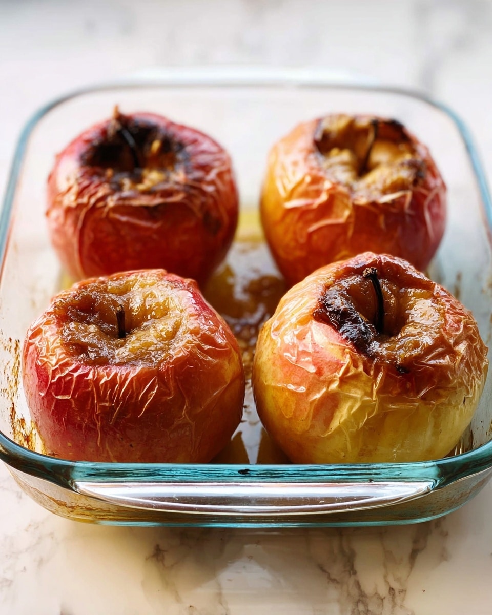 The image shows four baked apples placed in a clear glass baking dish on a white marbled surface. Each apple has wrinkled and slightly browned red skin with some areas turning yellowish. The tops of the apples are removed and filled with a melted, browned filling that looks moist and soft. The apples are positioned close to each other in two rows. The light highlights the shiny texture of the apple skin and the juicy filling inside. Photo taken with an iphone --ar 4:5 --v 7