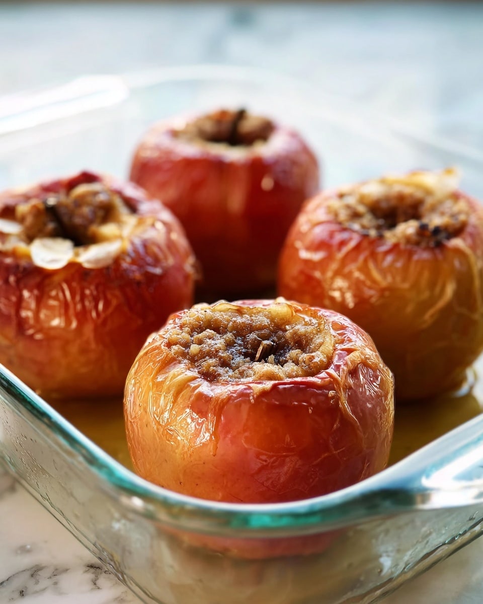 Four baked apples are shown inside a clear glass baking dish placed on a white marbled surface. Each apple is golden red with a wrinkled texture and a slightly browned top where the core has been removed and filled with a crumbly, darker filling. The tops of the filling have a light, creamy glaze or melted element. The apples look soft and roasted with some shine on their skin. The background is softly blurred out, keeping focus on the apples. photo taken with an iphone --ar 4:5 --v 7