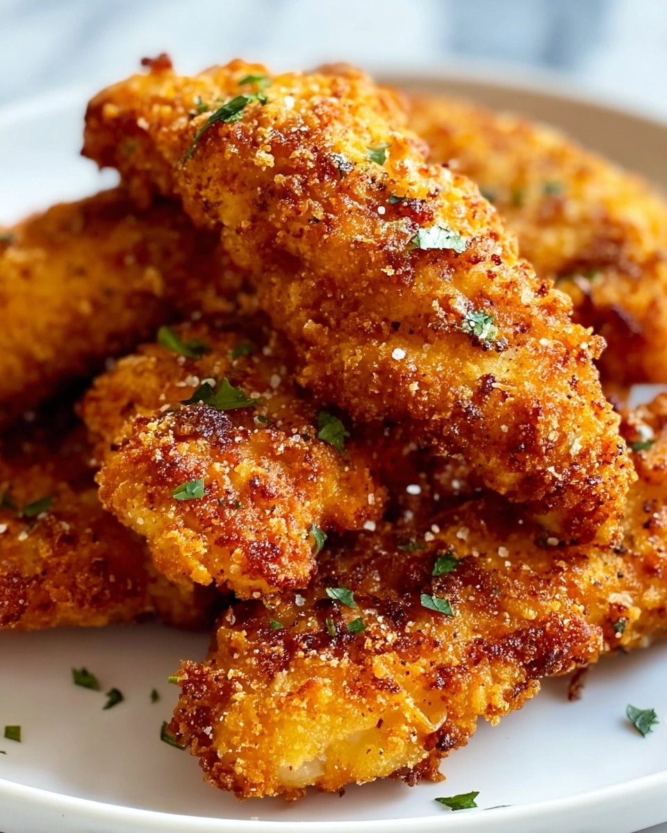 A close-up view shows several pieces of golden brown fried chicken tenders stacked on a white plate. Each tender has a crispy, crumbly coating with some darker brown spots indicating a crunchy texture. Small bits of green herbs are sprinkled over the top, adding a fresh touch. The plate sits on a white marbled surface, giving a clean and bright background. The lighting highlights the crunchiness and seasoning details on the tenders. photo taken with an iphone --ar 4:5 --v 7
