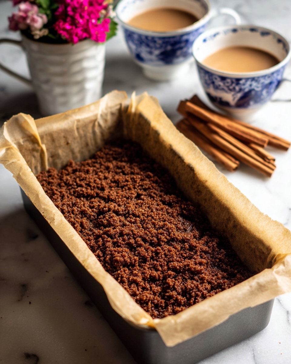 A close-up view of a rectangular loaf pan lined with light brown parchment paper, filled with a dark brown crumbly topping that looks coarse and textured, evenly spread across the surface. The pan sits on a white marbled surface. Behind the pan, there are cinnamon sticks stacked together and two white cups with blue floral patterns, one filled with a light brown liquid and the other empty. Also, a small white cup with pink flowers and green leaves is slightly blurred in the background. photo taken with an iphone --ar 4:5 --v 7