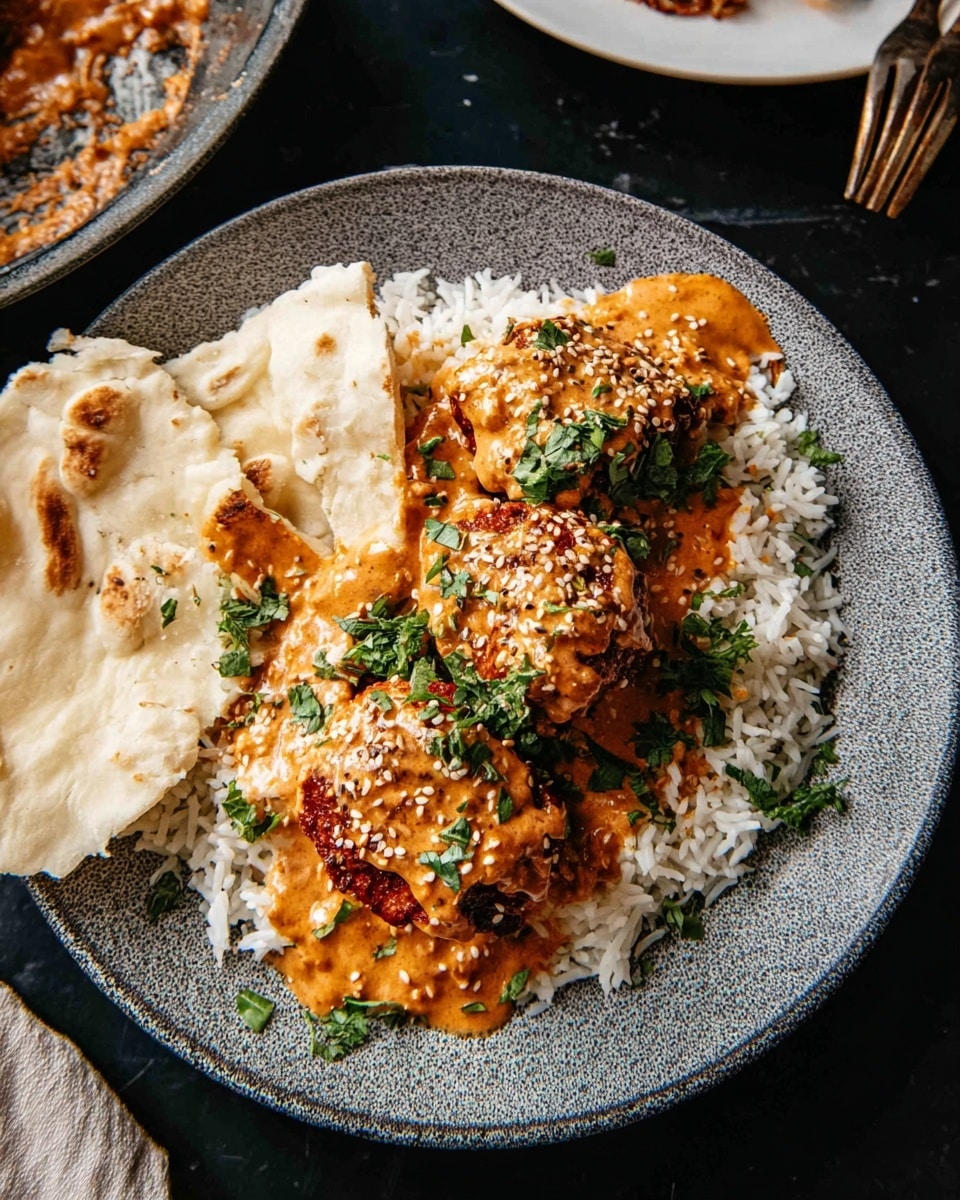 A round speckled gray plate holds a layered meal starting with a base of fluffy white rice covering most of the plate. On top, there are three pieces of reddish-brown cooked meat covered with a thick, creamy orange sauce sprinkled with light sesame seeds. Fresh green chopped herbs are scattered over the meat and rice, adding a vibrant touch. On the left side of the plate, there are two pieces of soft white flatbread folded over the rice with some sauce on them. The plate is set against a dark surface, with part of a white plate with food and a fork visible in the top right corner. photo taken with an iphone --ar 4:5 --v 7