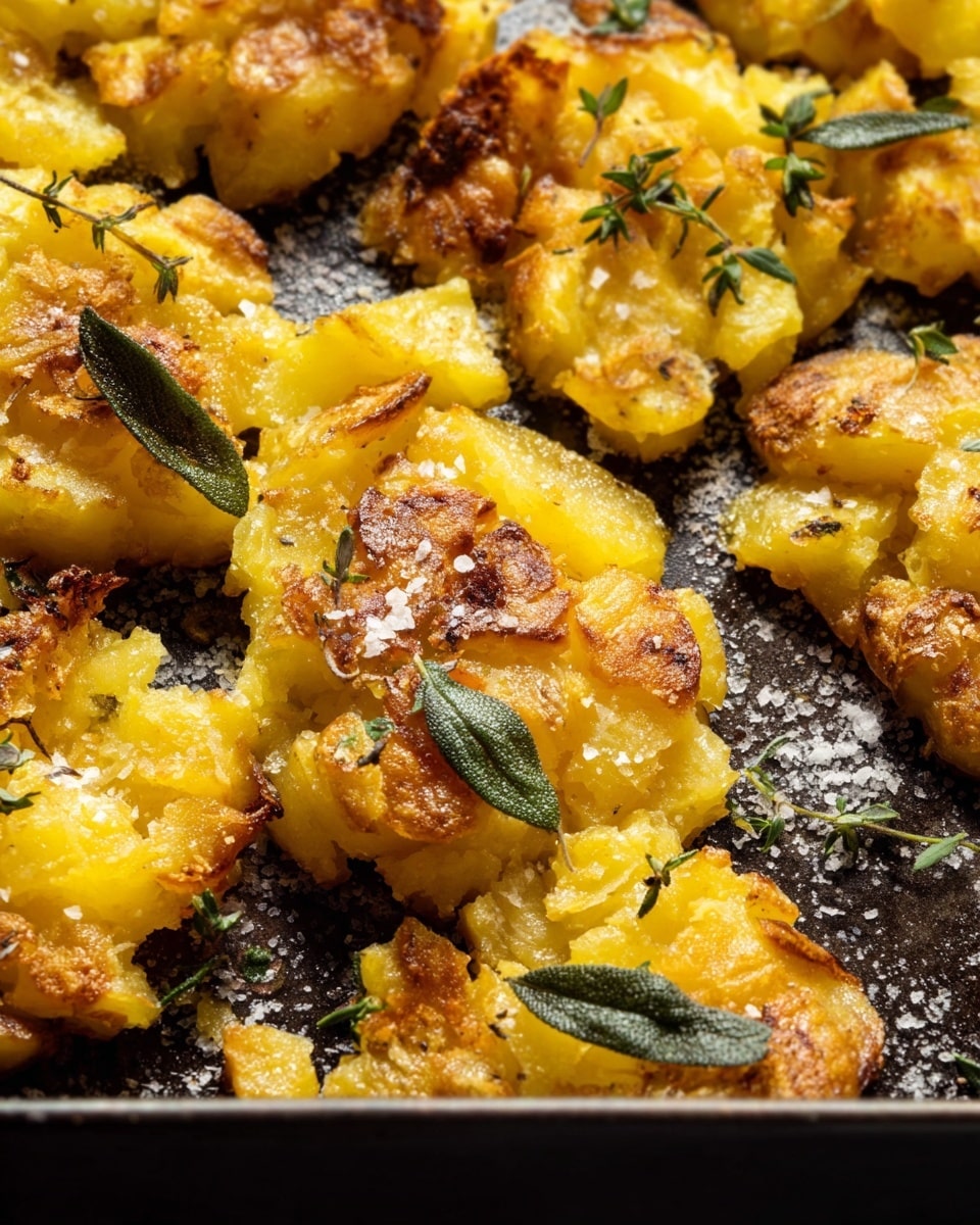 The image shows crispy smashed potatoes on a dark baking tray. The potatoes are golden yellow with browned, crunchy edges and rough crispy textures. Small green sage leaves and tiny sprigs of thyme are scattered on top, adding a fresh green contrast. The potatoes have coarse grains of salt sprinkled all over, with some pieces looking soft inside and crunchy outside. The background is a white marbled texture. photo taken with an iphone --ar 4:5 --v 7