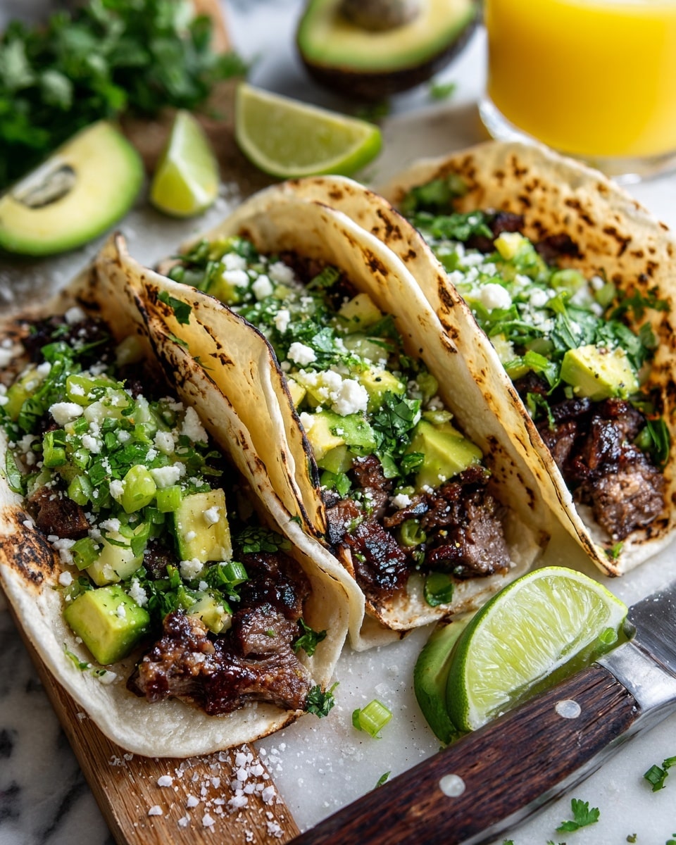 Three soft tortillas with light char marks are layered on a white marbled surface, each filled with dark brown grilled meat pieces as the base layer. On top, there are chunks of green avocado, small white crumbled cheese, and chopped fresh green herbs and scallions scattered evenly. Nearby, a knife with a wooden handle rests on the white marbled surface next to lime wedges and a glass of light yellow drink. A bowl filled with red-brown sauce is partly shown at the bottom right. The overall look is vibrant with fresh ingredients and rich textures. photo taken with an iphone --ar 4:5 --v 7