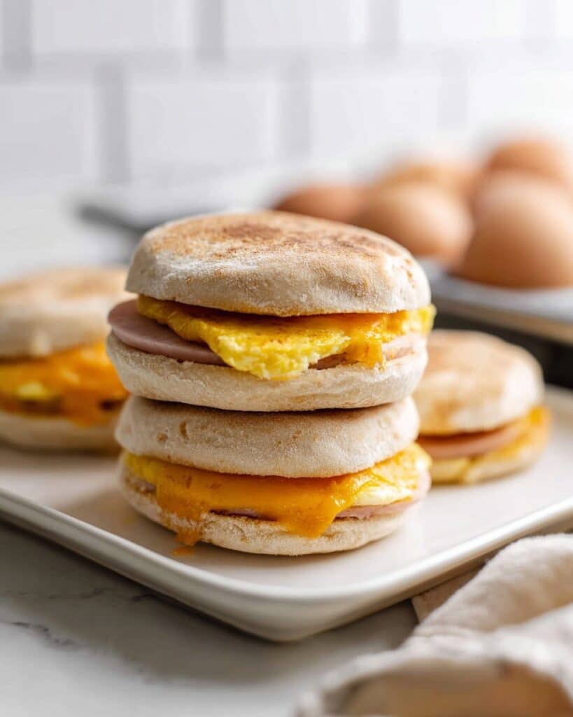 English Muffin Breakfast Sandwiches with Canadian Bacon and Eggs Recipe