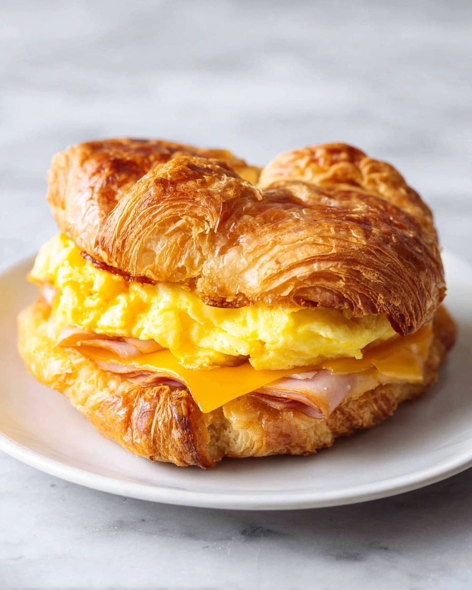 A flaky croissant sandwich is placed on a white plate over a white marbled surface. The sandwich has three main layers: the top and bottom layers are the golden brown, crispy croissant halves with a light, flaky texture. In between, there is a layer of bright yellow scrambled eggs that look soft and fluffy, sitting above a slice of melted cheddar cheese that is a deep orange shade, oozing slightly over the edge. Under the cheese, there is a thin layer of cooked ham with a light pink color and slight gloss. The sandwich is split open on one side, showing the layers inside clearly. Photo taken with an iphone --ar 4:5 --v 7