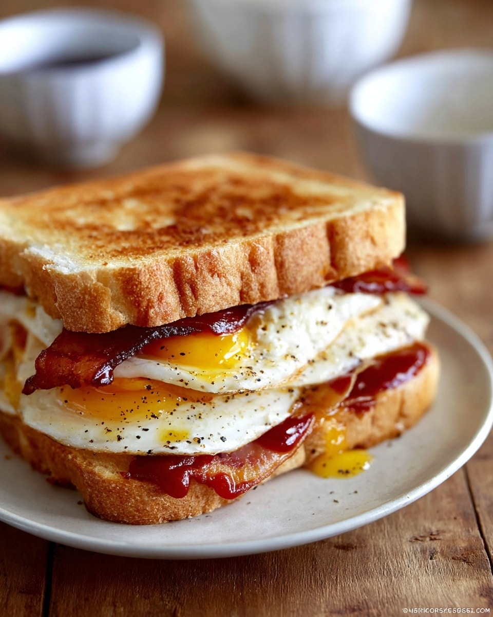 A sandwich on a white plate shows three layers inside two thick slices of toasted bread. The bottom layer is ketchup with a shiny red color, spread on the soft toasted bread. Above that are two fried eggs with white edges and yellow yolks slightly cooked, sprinkled with black pepper. On top of the eggs is a layer of crisp bacon strips with a deep reddish-brown color. The sandwich sits on a wooden surface with some out-of-focus white bowls in the background. photo taken with an iphone --ar 4:5 --v 7