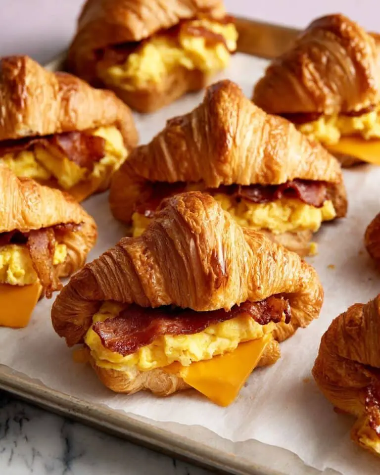 Croissant Breakfast Sandwiches with Scrambled Eggs, Turkey Bacon, and Cheddar Recipe