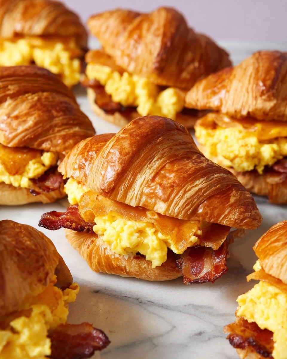 The image shows several croissant breakfast sandwiches arranged on a white marbled surface. Each sandwich has three visible layers: the top layer is a golden-brown, flaky croissant with a glossy texture; the middle layer contains fluffy, bright yellow scrambled eggs with a soft texture; and the bottom layer has a slightly crispy, dark reddish-brown strip of bacon and melted pale orange cheese that peeks out from the croissant. The sandwiches are close together, with the one in the center clearly in focus, showing the distinct layers and textures. Photo taken with an iphone --ar 4:5 --v 7