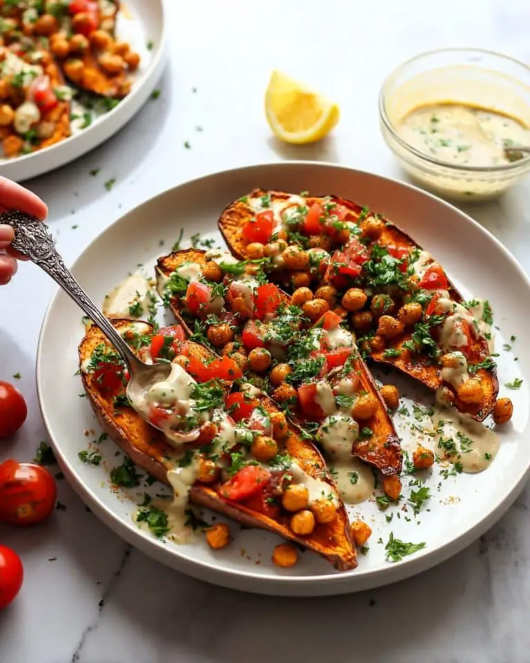 Mediterranean Baked Sweet Potatoes with Chickpeas and Garlic Herb Sauce Recipe