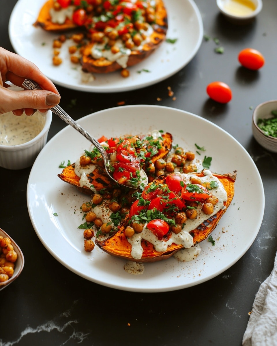 The dish shows two white plates each holding three large slices of roasted sweet potato as the bottom layer, warm orange with char marks. On top, a creamy white sauce is drizzled unevenly over the sweet potato. The next layer is crispy golden-brown chickpeas scattered generously. Fresh diced bright red tomatoes and chopped vibrant green herbs are spread over all, adding a fresh look. A woman's hand holds a spoon adding more fresh herbs and tomatoes to the nearest plate. The scene is set on a white marbled surface with some small bowls containing sauces and a few whole cherry tomatoes blurred in the background. photo taken with an iphone --ar 4:5 --v 7