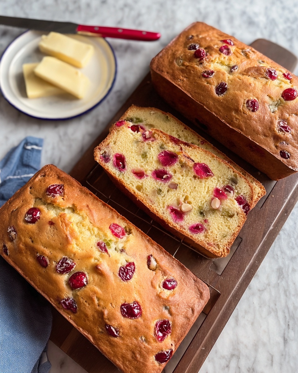 Two rectangular loaf cakes are shown fresh from the oven, each in a metal baking pan lined with parchment paper that folds over the edges. The cakes have a golden-brown cracked top layer dotted with whole and slightly flattened red cherries embedded in the surface. The texture looks soft and lightly risen with some uneven cracks. The pans sit on a silver cooling rack against a white marbled surface in soft natural light. photo taken with an iphone --ar 4:5 --v 7
